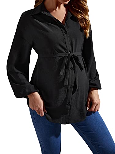 MakeMeChic Women's Maternity Blouse Long Sleeve Belted Button Down Tops - color: Black, size: X-Small