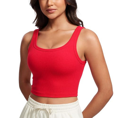 CRZ YOGA Ribbed U Neck Crop Tank Tops - color: Deep Red, size: Small