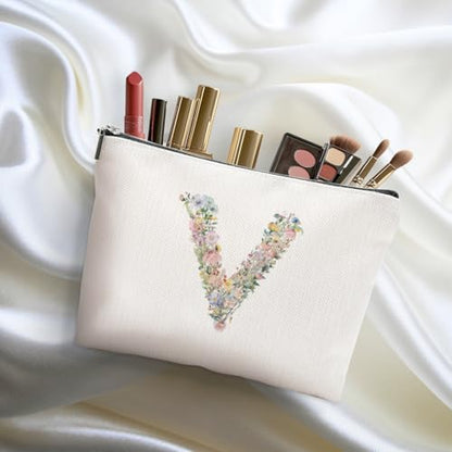 Flowers Initial Makeup Bag, Monogrammed for Women Teacher Bride Mom - color: Floral V, style: Floral