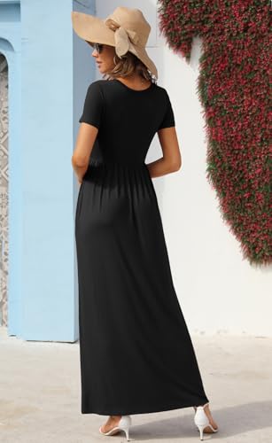 GRECERELLE Womens Summer Long Maxi Dresses 2026 Short Sleeve V Neck Casual Button Dress with Pockets - color: Black, size: Small