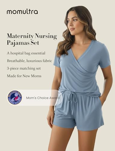 PATPAT 3-Piece Maternity Nursing Pajamas, Womens Lounge Set with Pockets - color: Dusty Blue, size: Small