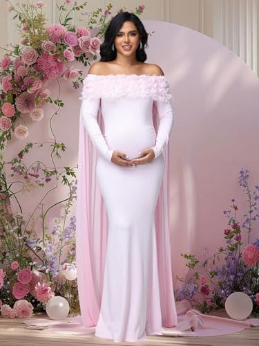 Maternity Mesh Off Shoulder Chiffon Cloak Maxi Photoshoot Dress - color: Pink-long Sleeve, size: X-Large