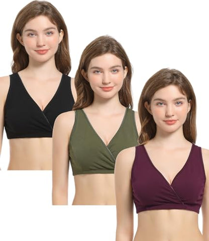 CAKYE 3 Pack Cotton Maternity Nursing Bras Breastfeeding Sleep Bralette - color: A-black+wine Red+army Green/3pcs, size: X-Large