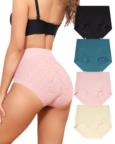 LEVAO High Waisted Womens Underwear Tummy Control Full Coverage Briefs - color: Black/Apricot Skin Tone/Pink/Magnolia, size: Small