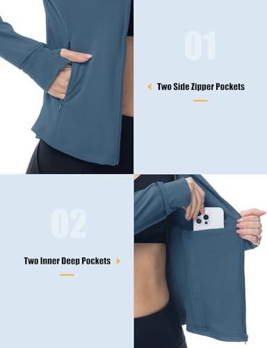 Gopune Women's Workout Athletic Jacket Lightweight Zip Up Yoga Slim Fit Tops with Pockets - color: Grey Blue, size: X-Large