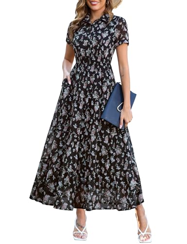 Kranda Women 2026 Summer Collared V Neck Short Sleeve Button Down Chiffon Long Tiered Floral Maxi Dress with Pockets - color: Black, size: Small