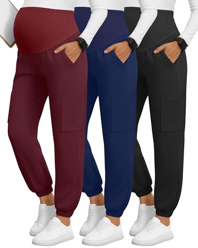 3 Pack Maternity Scrub Cargo Jogger Pants - color: Black, Wine Red, Navy Blue, size: Medium