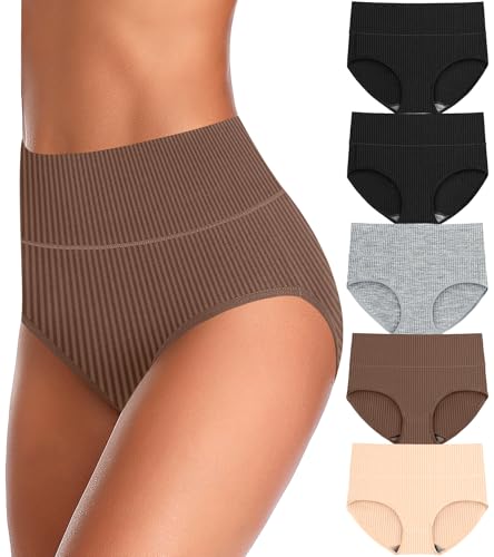 UMMISS Womens Underwear Cotton High Waisted Tummy Control Panties Plus Size Full Coverage Ladies Briefs - color: E-multi-5 Pack, size: Medium-Large