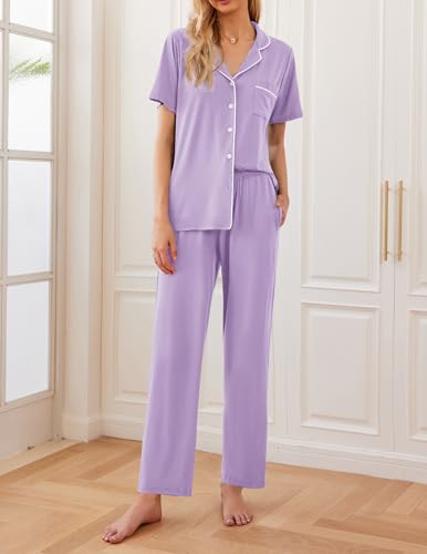 Ekouaer Womens Pajamas Set Short Sleeve Button Down Top & Pants Lounge Pjs - color: Light Purple, size: Small