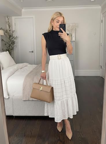 BLENCOT Women's Boho Tiered High Waisted Cotton Long Flowy Skirt - color: A White, size: Small