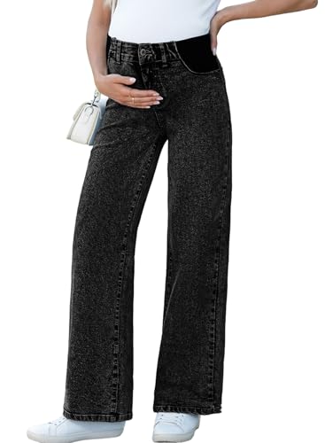 BLENCOT Maternity Jeans for Women Wide Leg Pregnancy Pants - color: Black, size: Small