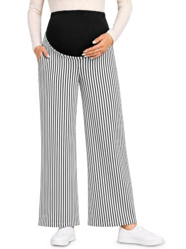 Yousify Womens Maternity Pants Casual Wide Leg Pregnancy Trousers - color: Black Striped, size: Medium