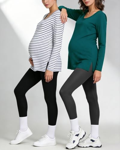 Women's Maternity Shirts Short Sleeve Split Hem Pregnancy Tops Clothes - color: Emerald Green, size: Medium