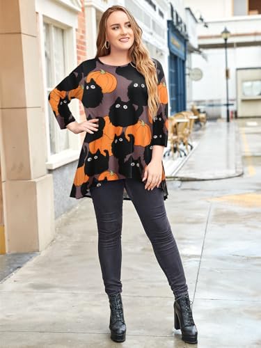 LARACE Womens Plus Size 3/4 Sleeve High Low Swing Tunic Tops - color: Halloween Pumpkin Cat, size: Large