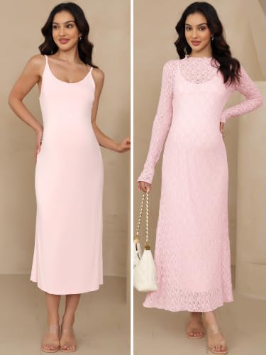 Maternity Dress Set Bodycon Lace Overlay & Inner Slip - color: Pink, size: Small