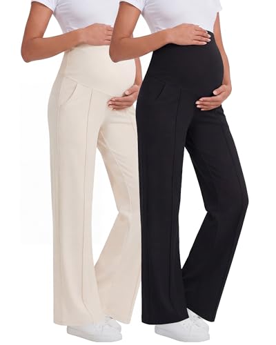 Skicuff 2 Pack Womens Maternity Pants Over The Belly - color: Black/Beige, size: Medium