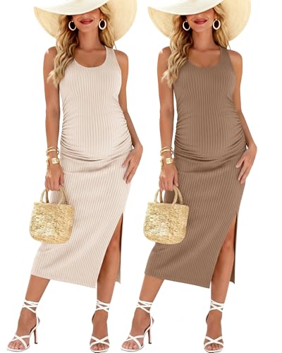 2 Pack Womens Split Long Maternity Dress - color: Cream, Khaki, size: Small