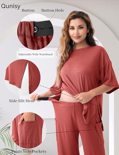 Maternity Lounge Set, 2 Piece Matching Set with Wide Leg Pants - color: Brick Red, size: Large
