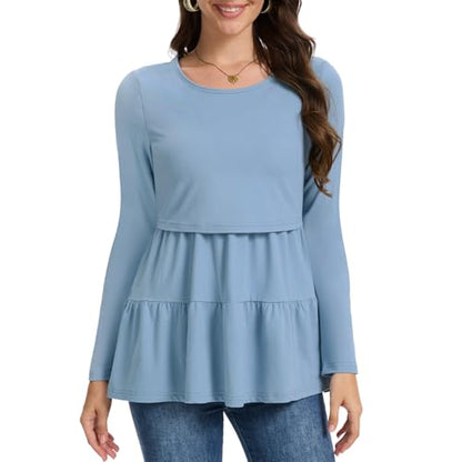 Bearsland Long Sleeve Nursing Top - color: Gray Green & Glacier Blue & Pink Rose, size: Small