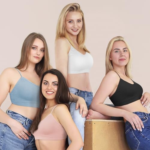 KCDDUMK 4 Pack Cami Bralettes for Women, Spaghetti Strap Sleep Bras - color: Black, White, Blue, Pink, size: Medium