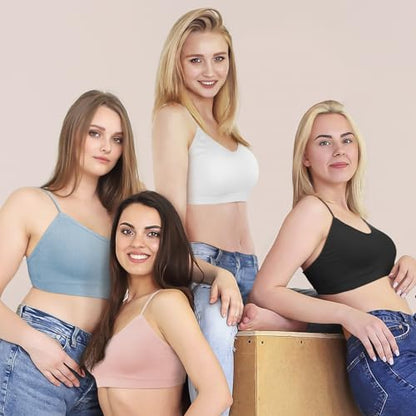 KCDDUMK 4 Pack Cami Bralettes for Women, Spaghetti Strap Sleep Bras - color: Black, White, Blue, Pink, size: Medium