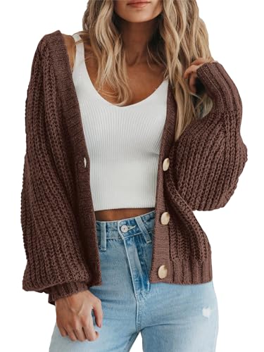 PRETTYGARDEN Women's Chunky Knit Open Front Cardigan Sweaters Fall Outfits - color: Brown, size: Small