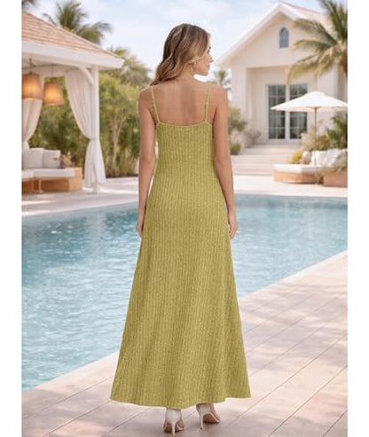 LILBETTER Women's Summer Maxi Dress Casual Flowy Spaghetti Strap Beach Long Dresses with Pockets - color: Ginger, size: X-Large