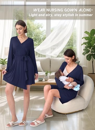 Rnxrbb 3 PCS Nursing Pajamas Robe Set Maternity Postpartum Pjs for Hospital - color: Navy, size: X-Large