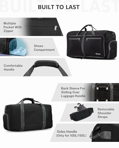 Gonex 100L Foldable Travel Duffle Bag with Shoe Compartment, Lightweight - color: Black, size: 100L