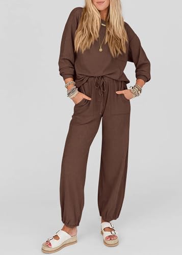 KIRUNDO Lounge Sets for Women 2026 Fall Comfy Postpartum Going Home Outfits - color: Coffee, size: Small