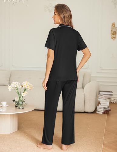 Ekouaer Womens Pajama Sets Button Down Lounge Sets 2 Piece Short Sleeve Pjs - color: Black, size: Small