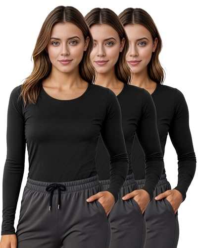 Soft Stretch Cotton Blend Women's Underscrub Shirt Slim Fit Comfort Tee - color: Black/Black/Black, size: X-Large