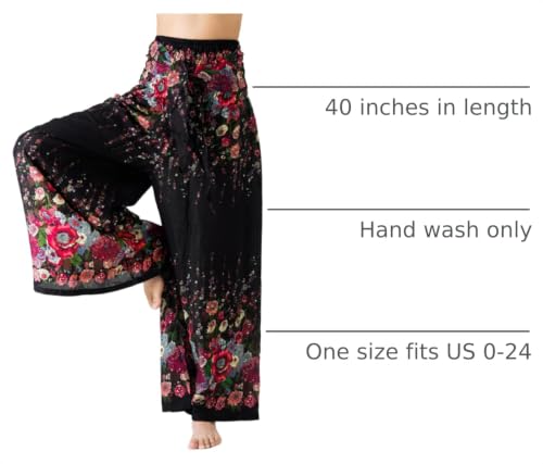 B BANGKOK PANTS Women's Boho Palazzo Pants - color: Black Flowers, size: One Size