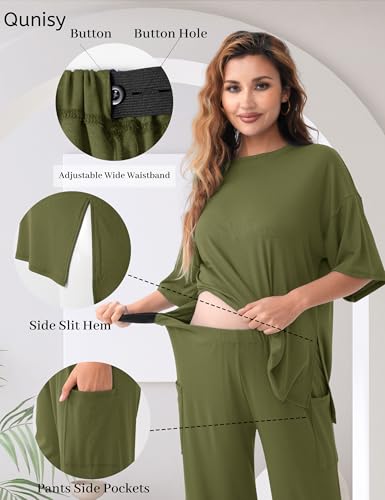 Maternity Lounge Set, 2 Piece Matching Set with Wide Leg Pants - color: Dark Green, size: XX-Large