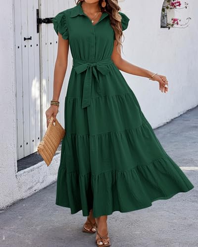 dowerme Women Ruffle Sleeve Button Belted Boho Maxi Dress - color: Dark Green, size: Large