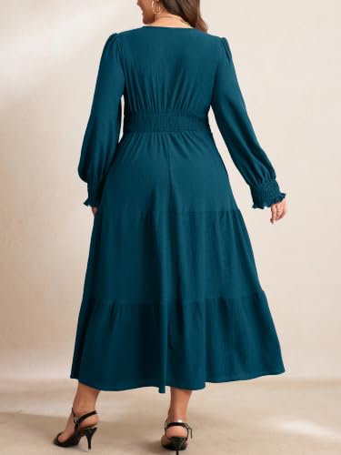 RWJ Women's Plus Size Fall Wedding Guest Dress Long Sleeve Maxi with Pocket - color: Lake Blue, size: X-Large Plus