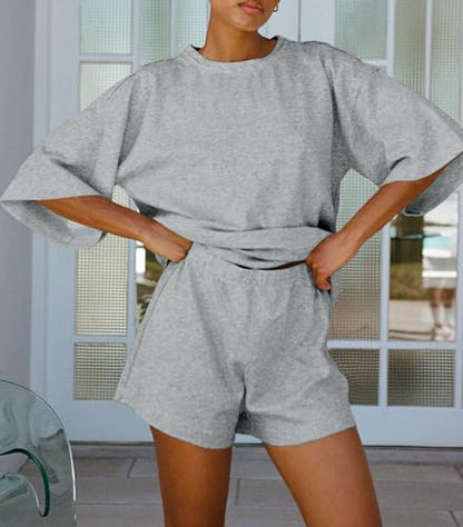 Tankaneo Womens 2 Piece Pajama Sets Oversized Tops Loose Shorts Lounge Sets - color: Grey, size: Medium