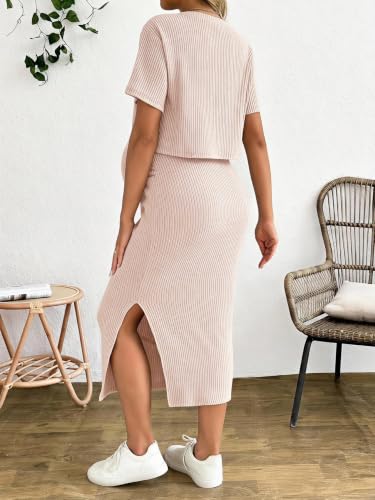SHENHE Women's Maternity Ribbed 2 Piece Outfits Crop Top Bodycon Midi Skirt - color: Beige, size: Medium