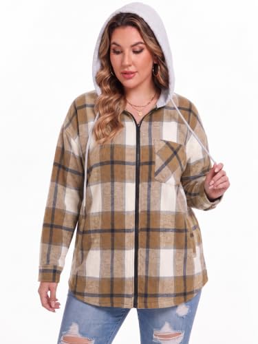 OLRIK Women's Plus Size Hooded Flannel Shacket Zip Up Jacket - color: Beige Brown, size: 3X