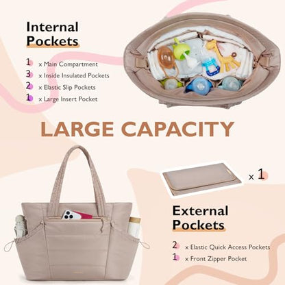 mommore Diaper Bag Tote with Stroller Organizer, Puffy Travel Baby Tote - color: Khaki