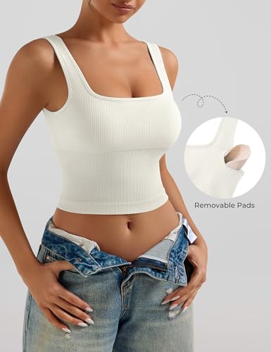 OLCHEE Womens 2 Pack Crop Tank Tops Square Neck Workout Top Padded - color: Black + Beige, size: Small