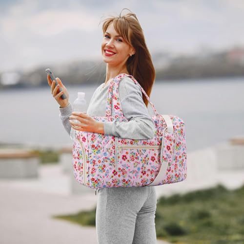 Pink Floral Quilted Weekender Duffel Bag Set with Shoe Compartment - color: Pink Print