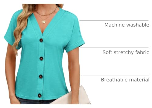 TICTICMISS Womens Summer Tops Short Sleeve Button Down V Neck T Shirts - color: Aqua, size: X-Large