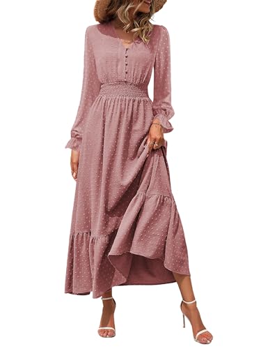 CzzzyL Women Nursing Boho Maxi Dress Swiss Dot Smocked with Pockets - color: S-pink, size: Medium