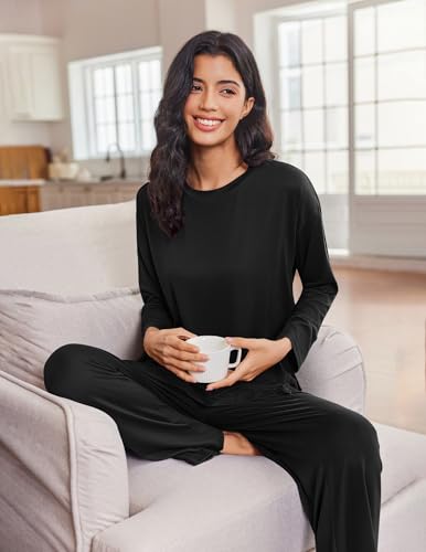 Ekouaer Lounge Sets for Women Long Sleeve Pajamas Fall Loungewear - color: Black, size: Medium