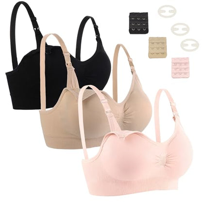 3 Pack Nursing Bra for Woman, Seamless Breastfeeding Bras - color: Black/Beige/Pink, size: Large