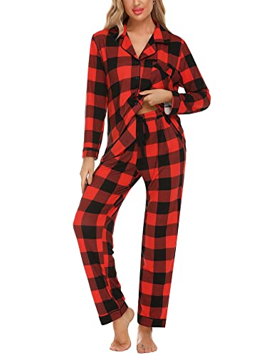 Anjue Pajamas For Women Set Long Sleeve Button Up Sleepwear Soft Pjs - color: Black Plaid, size: Medium