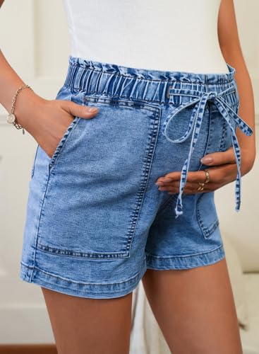 BLENCOT Maternity Jeans Shorts High Rise Stretchy Drawstring Postpartum - color: Dusk Blue, size: Small