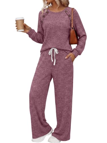 Trendy Queen Women's 2 Piece Lounge Sets 2026 Fall Casual Matching Outfits - color: Burgundy, size: Small
