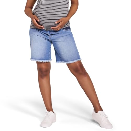 Motherhood Maternity Women's Under the Belly Denim Pregnancy Shorts with Side Elastic Panel Insets - color: Beth Medium Wash, size: Medium